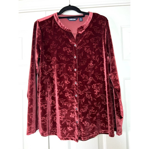 Lands' End Tops - Land's End Women's Maroon Crushed Velvet Floral Button Up Shirt